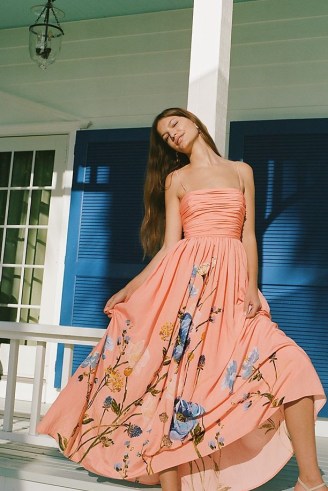 By Anthropologie Ruched-Bodice Floral Midi Dress in Coral / strappy fit and flare maxi dresses / women’s skinny shoulder strap occasion clothes