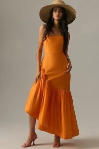 Let Me Be Strapless Asymmetrical Dress in Medium Orange / women’s fitted bandeau neckline dresses / asymmetric tiered hem