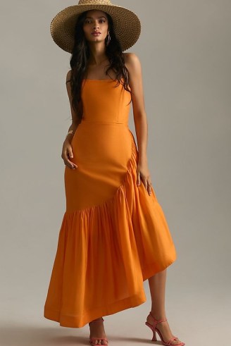Let Me Be Strapless Asymmetrical Dress in Medium Orange / women’s fitted bandeau neckline dresses / asymmetric tiered hem - flipped