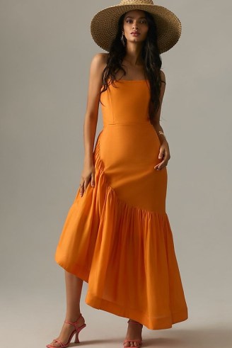 Let Me Be Strapless Asymmetrical Dress in Medium Orange / women’s fitted bandeau neckline dresses / asymmetric tiered hem