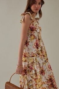 Kachel Tamara Midi Dress / women’s floral print tie shoulder strap dresses / womens summer clothes / feminine fashion / tiered hem