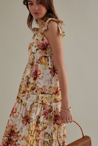Kachel Tamara Midi Dress / women’s floral print tie shoulder strap dresses / womens summer clothes / feminine fashion / tiered hem - flipped