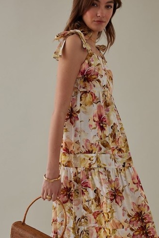 Kachel Tamara Midi Dress / women’s floral print tie shoulder strap dresses / womens summer clothes / feminine fashion / tiered hem