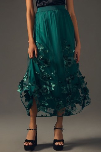 By Anthropologie Applique Maxi Skirt in Green / floral sheer overlay occasion skirts / romantic party fashion / womens clothes with flower appliques - flipped