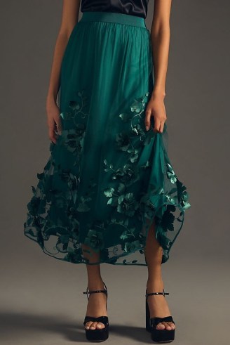 By Anthropologie Applique Maxi Skirt in Green / floral sheer overlay occasion skirts / romantic party fashion / womens clothes with flower appliques