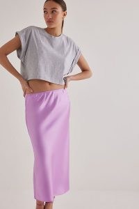 Anthropologie Satin Bias Midi Skirt in Lilac / silky slip skirts / women’s luxe style clothing