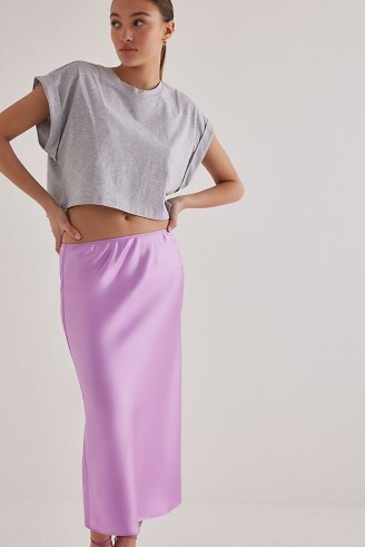 Anthropologie Satin Bias Midi Skirt in Lilac / silky slip skirts / women’s luxe style clothing