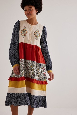 Meadows Colourblock Midi Dress – mixed print folk style dresses – women’s floral cotton clothes – womens colour block fashion