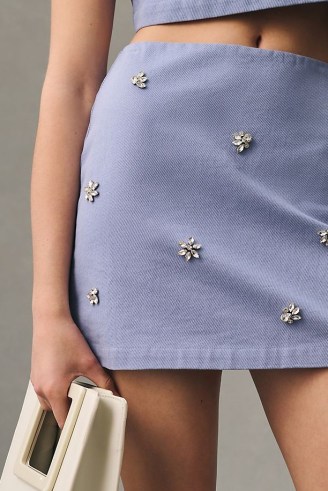 En Saison Bijou Mini Skirt in Sky – women’s light blue embellished skirts – womens cotton fashion