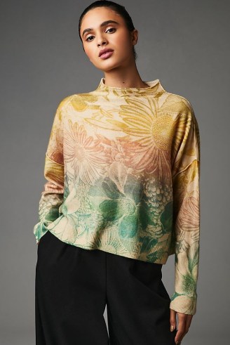 Anthropologie Alani Cashmere Mock Neck Jumper in Yellow Motif – women’s luxury multicoloured jumpers – womens luxe knitwear – floral knits - flipped
