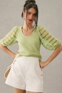DOLAN Ruffle-Sleeve Top in Green – semi sheer sleeved tops – ruffle detail clothes