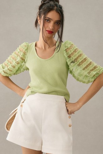 DOLAN Ruffle-Sleeve Top in Green – semi sheer sleeved tops – ruffle detail clothes