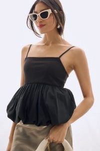 Maeve Bubble Cami Black | strappy peplum hem camisole | skinny shoulder strap tops
