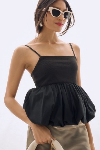 Maeve Bubble Cami Black | strappy peplum hem camisole | skinny shoulder strap tops - flipped