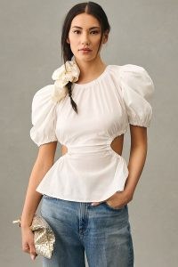 ASTR The Label Juno Cutout Peplum Top in White | women’s puff sleeve cut out tops | womens romantic blouses | feminine clothes | romance inspired fashion