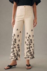 Maeve The Colette High-Rise Crop Flare Jeans Neutral Motif | women’s cropped hem flares | womens floral print denim clothes