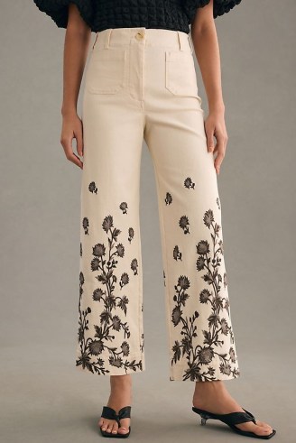 Maeve The Colette High-Rise Crop Flare Jeans Neutral Motif | women’s cropped hem flares | womens floral print denim clothes - flipped