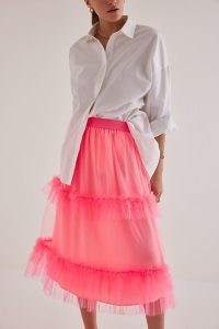 Anthropologie Tulle Ruffle Midi Skirt in Coral – ruffled semi sheer skirts