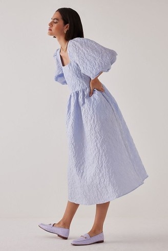 Selected Femme Margot Organza Midi Dress in Blue | women’s voluminous balloon sleeve dresses | womens romantic summer occasion clothes | romance inspired clothing | feminine event fashion
