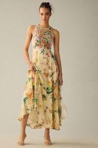 By Anthropologie Embroidered Midi Dress Botanical Motif / sleeveless floral fit and flare dresses / feminine summer occasion clothes / womens floaty wedding guest clothing
