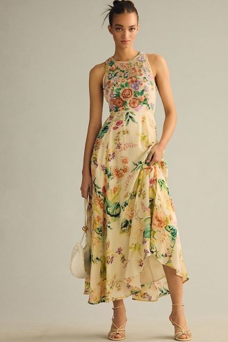 By Anthropologie Embroidered Midi Dress Botanical Motif / sleeveless floral fit and flare dresses / feminine summer occasion clothes / womens floaty wedding guest clothing - flipped