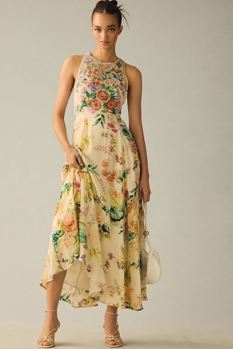 By Anthropologie Embroidered Midi Dress Botanical Motif / sleeveless floral fit and flare dresses / feminine summer occasion clothes / womens floaty wedding guest clothing
