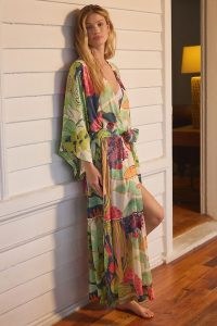 Michelle Morin Sleep Kimono in Green Motif / printed tie waist maxi length kimonos / women’s sleepwear / womens nightwear robes / wide sleeve belted robe