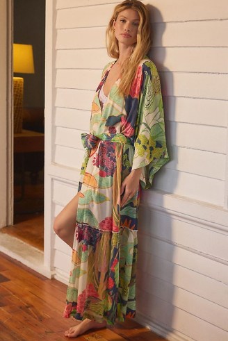 Michelle Morin Sleep Kimono in Green Motif / printed tie waist maxi length kimonos / women’s sleepwear / womens nightwear robes / wide sleeve belted robe - flipped