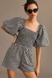 Amadi Smocked Playsuit in Black Motif / women’s check print balloon sleeve playsuits / womens gingham clothes / checked summer fashion / puffed sleeves