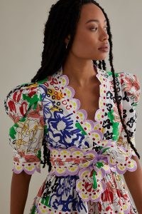 Celia B Celeste Scalloped Mini Dress – women’s puff sleeve scallop trim dresses – mixed floral print fashion