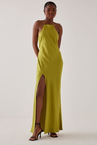 Bec + Bridge Darcy Maxi Dress in green – strappy open back slip dresses – slinky occasion clothes – high slit hem – silky evening fashion - flipped