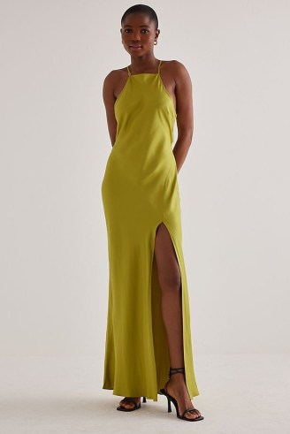 Bec + Bridge Darcy Maxi Dress in green – strappy open back slip dresses – slinky occasion clothes – high slit hem – silky evening fashion