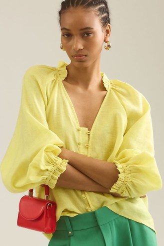 Maeve Linen Blouse in Canary – yellow balloon sleeve blouses – women’s boho style summer clothing - flipped