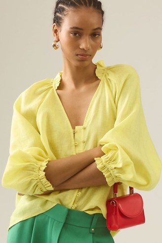 Maeve Linen Blouse in Canary – yellow balloon sleeve blouses – women’s boho style summer clothing