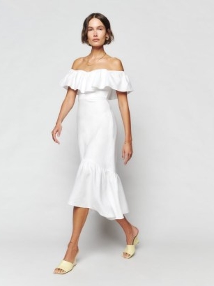 Reformation Baela Linen Dress in White – ruffled bardot dresses – tiered ruffle hem – romance inspired clothing – womens romantic summer occasion clothes – off the shoulder fashion