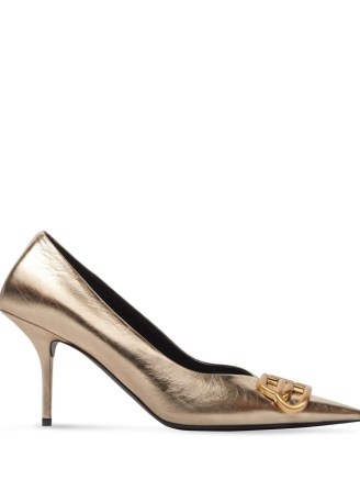 Balenciaga Square Knife BB 80mm pumps in gold ~ metallic court shoes ~ luxury occasion courts - flipped