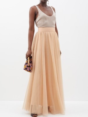 ZIMMERMANN High-rise raw-hem tulle skirt in beige – peach-tone sheer net overlay maxi skirts – feminine fashion – luxury clothing - flipped