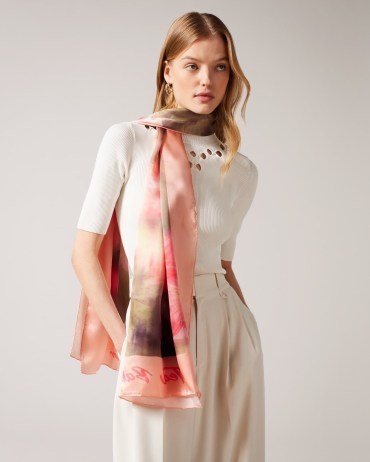 TED BAKER Bettiio Blurred Floral Long Silk Scarf in Light Pink / women’s silky printed scarves / womens accessories - flipped