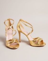 TED BAKER Bicci Leather Bow Heeled Sandals in Gold / strappy metallic party shoes / women’s luxe occasion shoes