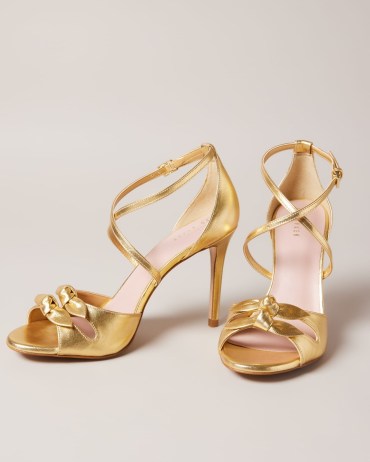 TED BAKER Bicci Leather Bow Heeled Sandals in Gold / strappy metallic party shoes / women’s luxe occasion shoes - flipped