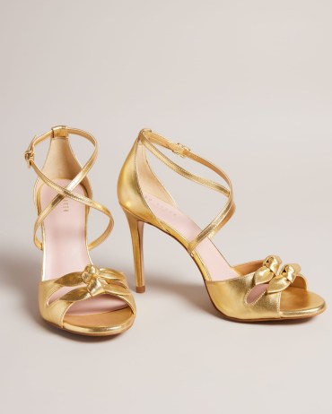 TED BAKER Bicci Leather Bow Heeled Sandals in Gold / strappy metallic party shoes / women’s luxe occasion shoes