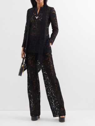 VALENTINO Floral-embroidered lace wide-leg trousers in black / women’s semi sheer clothes / womens luxury clothing - flipped