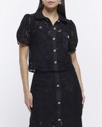 RIVER ISLAND BLACK LACE BUTTONED UP CROP BLOUSE ~ semi sheer puff sleeve tops ~ feminine collared blouses ~ women’s fashion