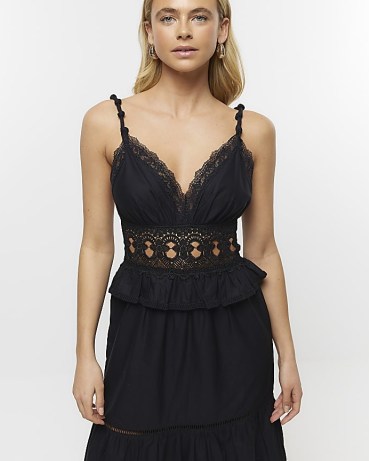 River Island BLACK LACE V-NECK MAXI DRESS | strappy plunge front dresses | cut out clothes | tiered fashion | feminine clothing | plunging neckline - flipped
