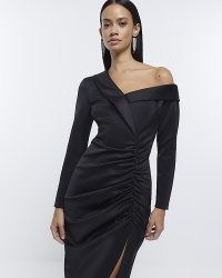 RIVER ISLAND BLACK SPLIT HEM RUCHED BODYCON DRESS ~ one shoulder party dresses