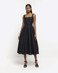RIVER ISLAND BLACK TEXTURED MIDI PROM DRESS ~ women’s sleeveless fit and flare dresses ~ womens party fashion