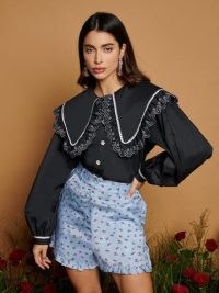sister jane DREAM THE RODEO ROSE Coronet Embroidered Blouse in Black – women’s oversized collar blouses