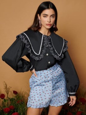sister jane DREAM THE RODEO ROSE Coronet Embroidered Blouse in Black – women’s oversized collar blouses - flipped