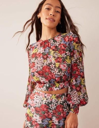 Boden Blouson Sleeve Occasion Top in Multi, Moire Bloom / women’s floral balloon sleeved tops / cropped blouses / feminine clothes / boho clothing / womens fashion with a bohemian vibe - flipped