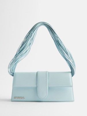 JACQUEMUS Bambino Long Ficiu leather shoulder bag in blue – French bags with multi strap top handle – strappy 90s shape handbag – luxury handbags - flipped